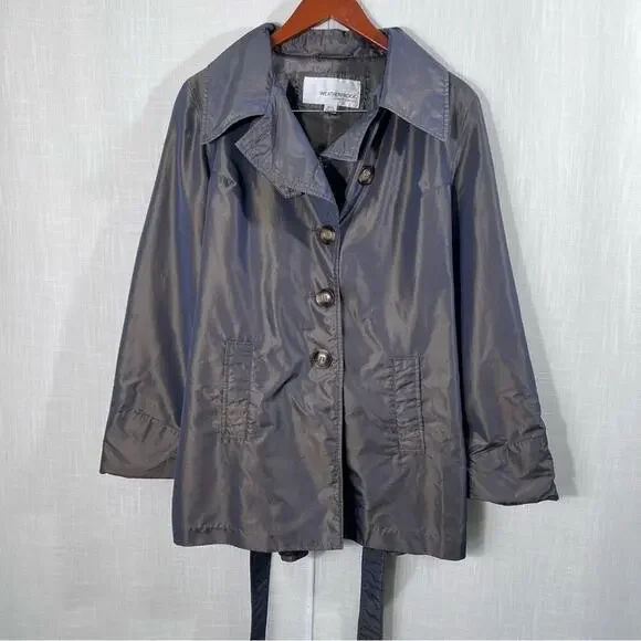 Weatherproof Gray Iridescent Trench Belted Raincoat Jacket Size M - Picture 1 of 13